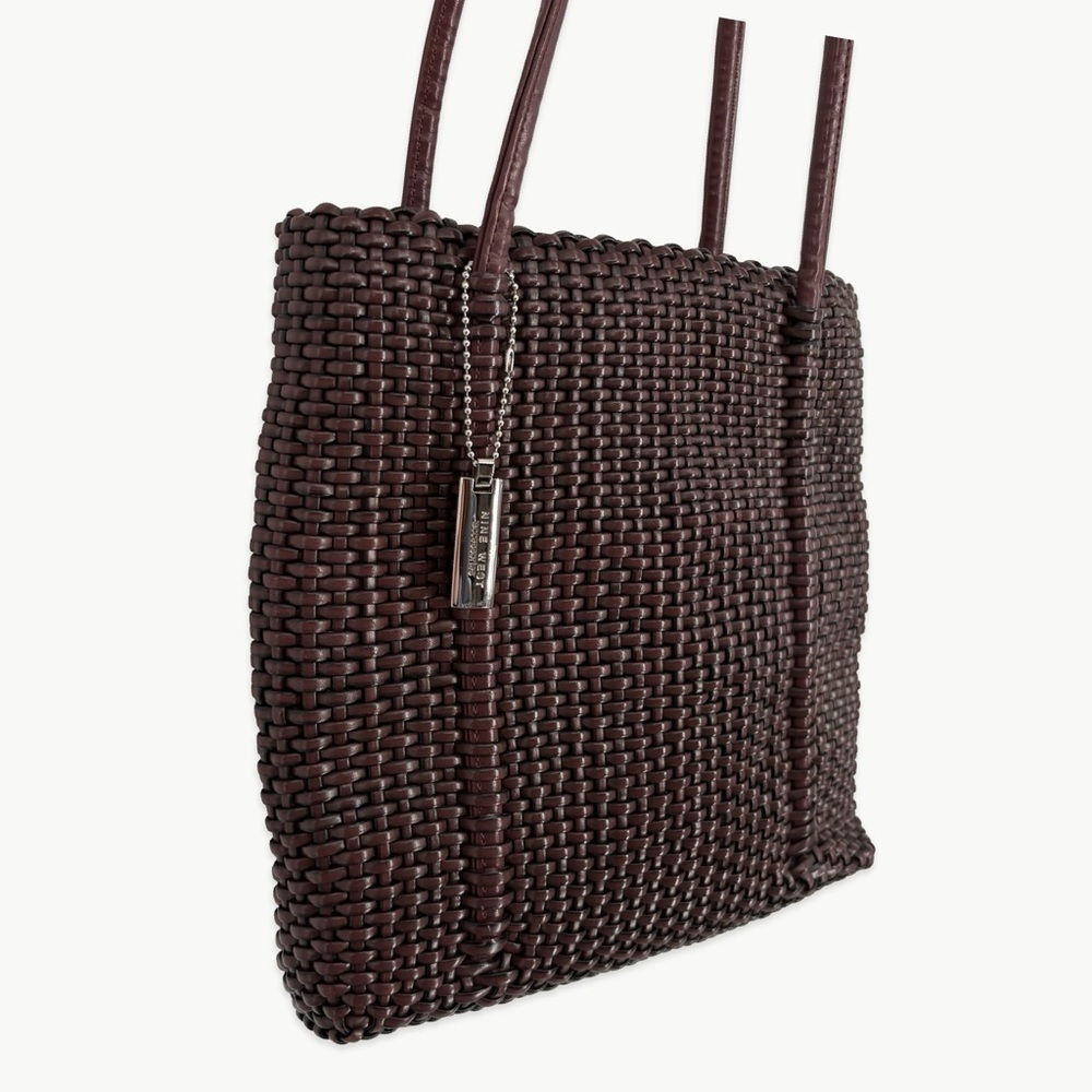 Vintage Nine West Woven Faux Leather Tote Bag Brown Y2K Shoulder Minimalist - Picture 3 of 12